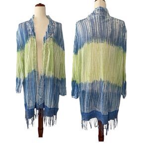 Reba Womens 3X Open Front Cardigan Lightweight Sweater Ombre Tasseled Boho Blue